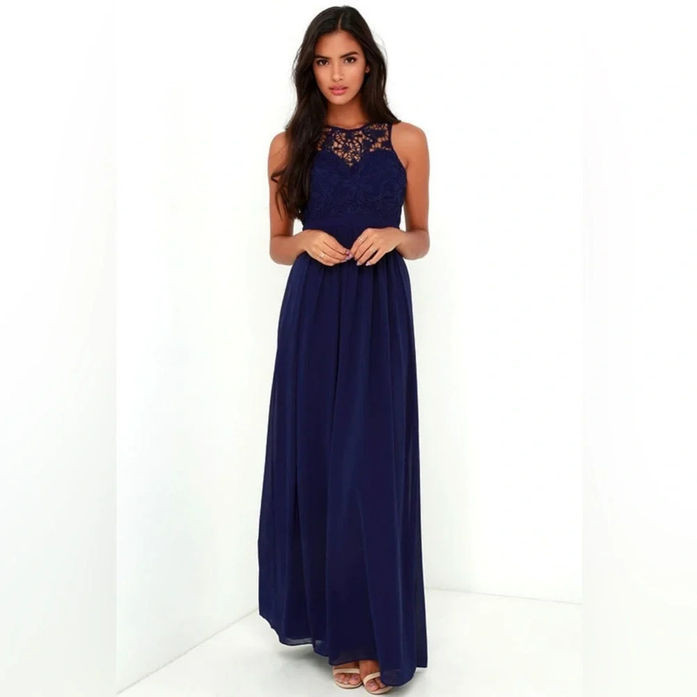 Lulus So Far Gown Navy Blue Lace Maxi Dress